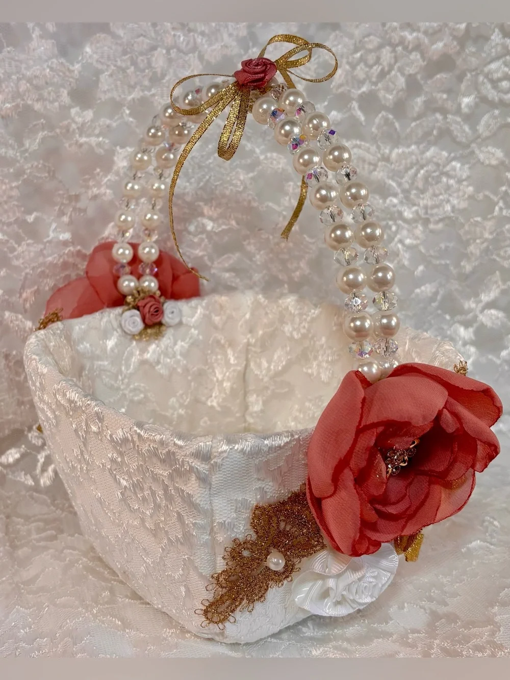 🥂 Gold White and Rose Blush Ring Pillow and Flower Basket Set